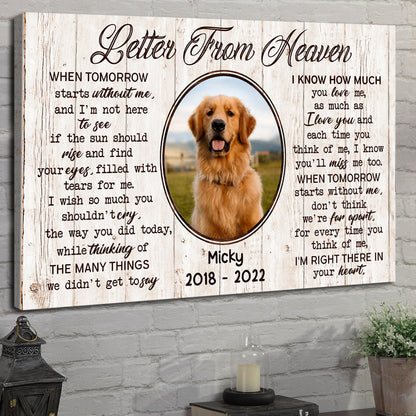 Pet Memorial Dog Cat Letter From Heaven Personalized Canvas