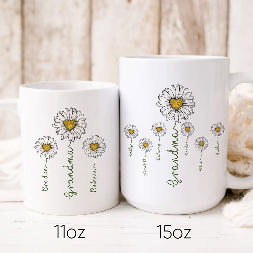 Grandma With Kids Daisy Flowers Meaningful Personalized Mug - Family Panda