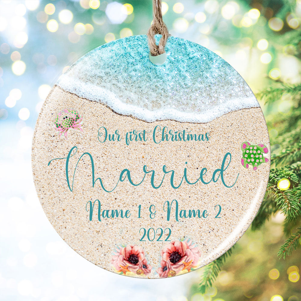 Personalized Beach Wedding Gift, Our First Christmas Married Ornament
