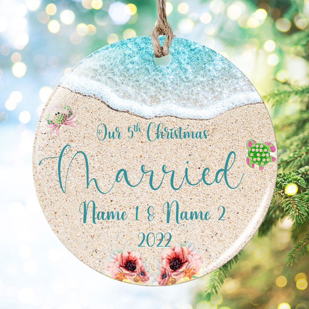 Personalized Beach Wedding 5 Years Anniversary Gift, Our 5th Christmas Married Ornament
