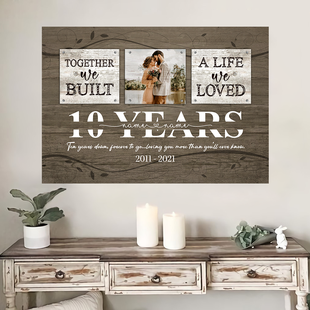52552-Personalized 10 Year Anniversary Gift For Her, Tin Anniversary Gift For Him Custom Photo Together We Built A Life Peel & Stick Poster H0
