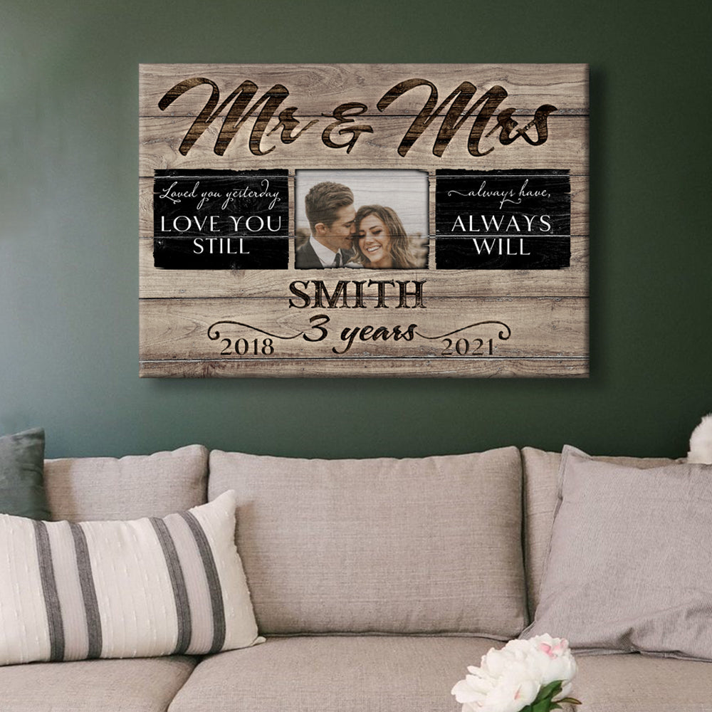 52979-Personalized 3 Years Anniversary Gift For Her, 3rd Anniversary Gift For Him, Mr & Mrs Custom Photo Canvas H2