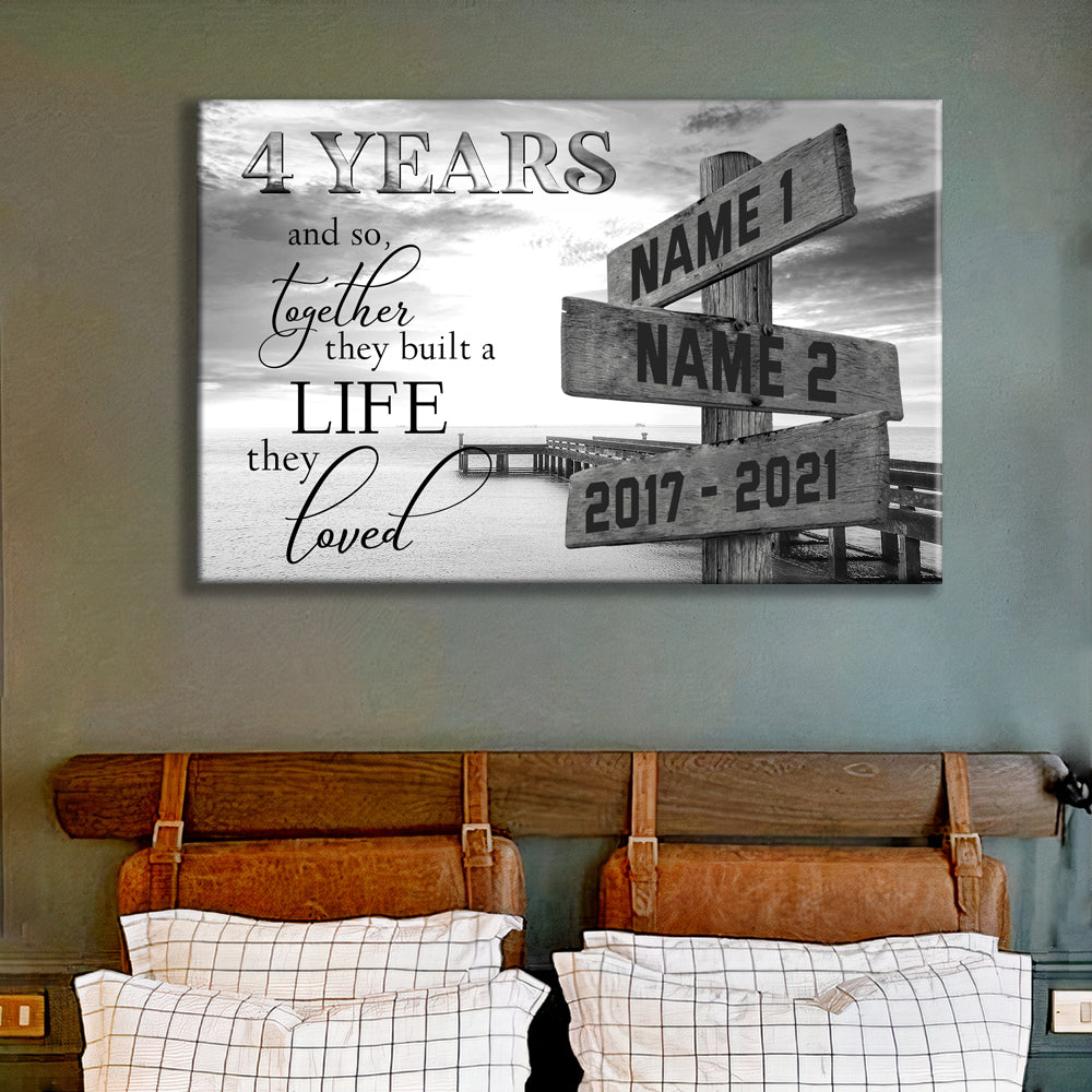53133-Personalized 4th Wedding Anniversary Gift For Her, 4 Years Anniversary Gift For Him, Together We Built A Life We Loved Ocean Dock Multi-Names Canvas H1