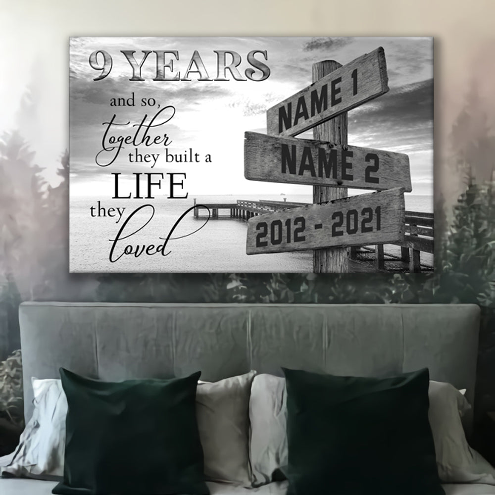 53144-Personalized 9th Wedding Anniversary Gift For Her, 9 Years Anniversary Gift For Him, Together We Built A Life We Loved Ocean Dock Multi-Names Canvas H1