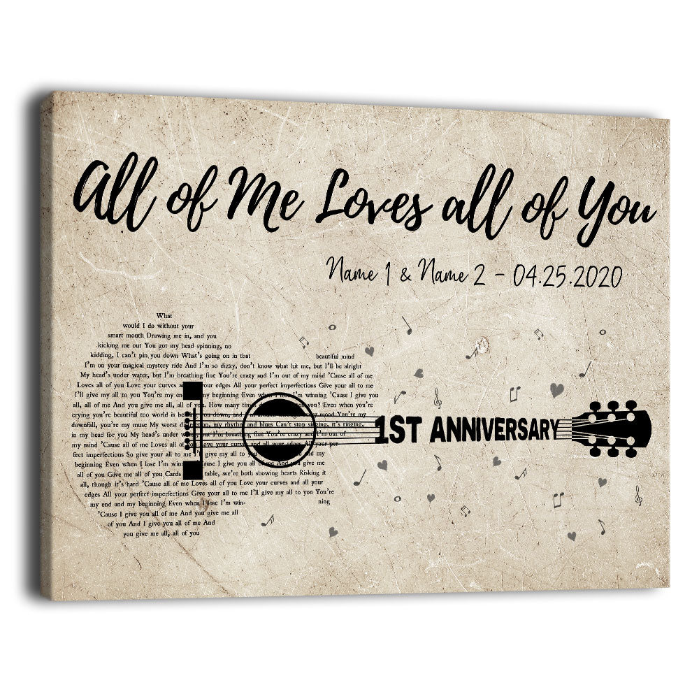 54392-Personalized First Wedding Anniversary Gift For Wife, 1st Anniversary Gift For Him, 1 Year Married, Custom Wedding Song Lyric Guitar Canvas H0