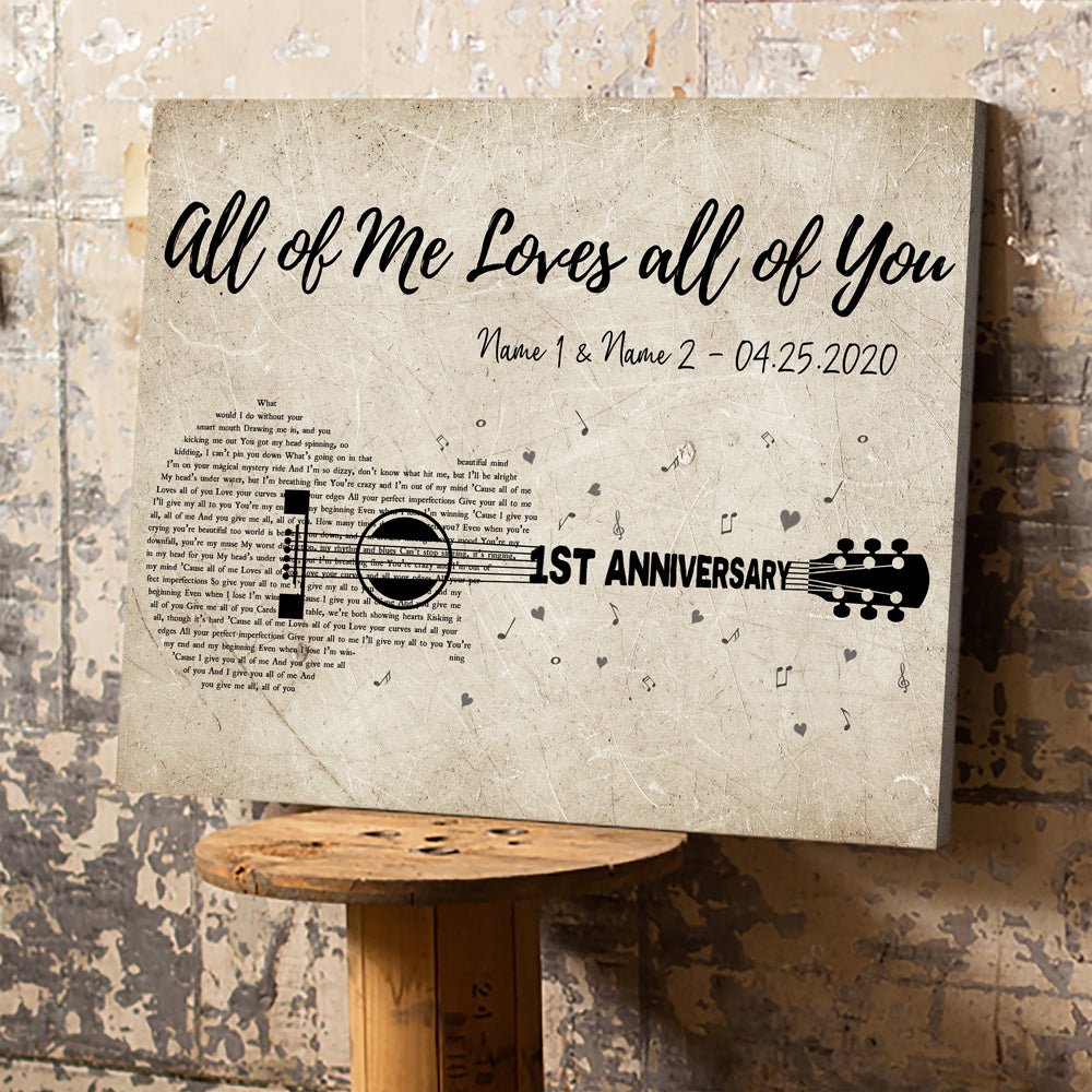 54394-Personalized First Wedding Anniversary Gift For Wife, 1st Anniversary Gift For Him, 1 Year Married, Custom Wedding Song Lyric Guitar Canvas H2
