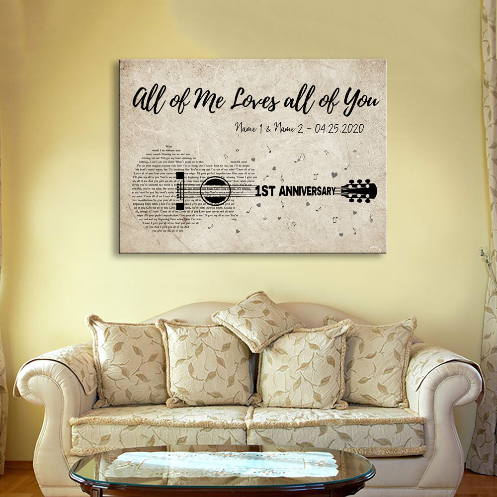 54393-Personalized First Wedding Anniversary Gift For Wife, 1st Anniversary Gift For Him, 1 Year Married, Custom Wedding Song Lyric Guitar Canvas H1