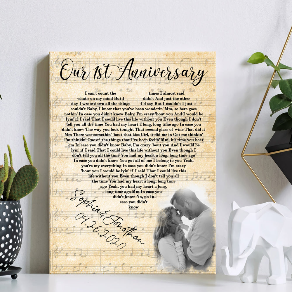 54228-Personalized First Wedding Anniversary Gift For Wife, 1st Anniversary Gift For Him, 1 Year Married, Custom Wedding Song Lyric, Custom Couple Photo Canvas H1