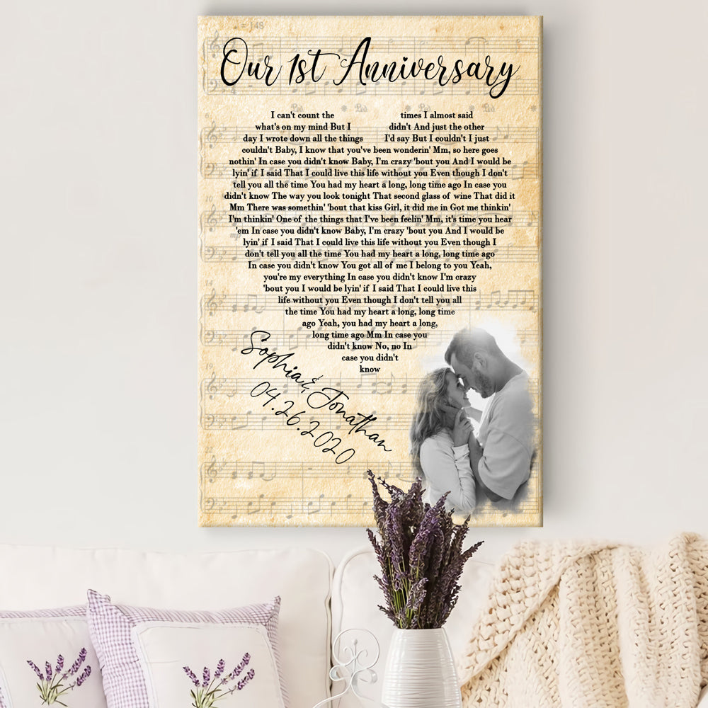54233-Personalized First Wedding Anniversary Gift For Wife, 1st Anniversary Gift For Him, 1 Year Married, Custom Wedding Song Lyric, Custom Couple Photo Canvas H2