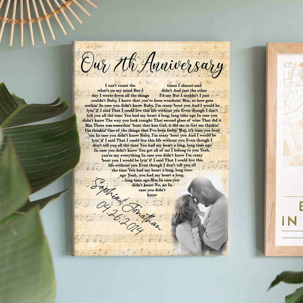 54232-htth - Personalized Copper Wedding Anniversary Gift For Wife, 7th Anniversary Gift For Him, 7 Years Married, Custom Wedding Song Lyric, Custom Couple Photo Canvas H0