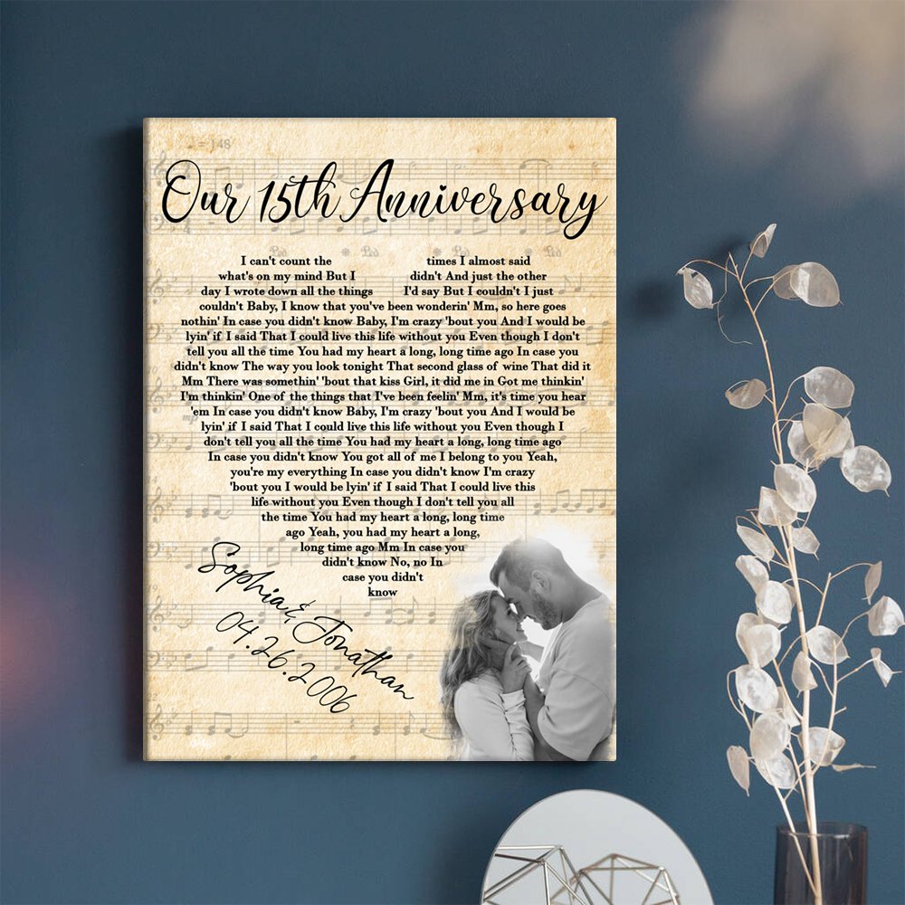 Personalized Crystal Wedding Anniversary Gift For Wife, 15th Anniversary Gift For Him, 15 Years Married, Custom Wedding Song Lyric, Custom Couple Photo Canvas