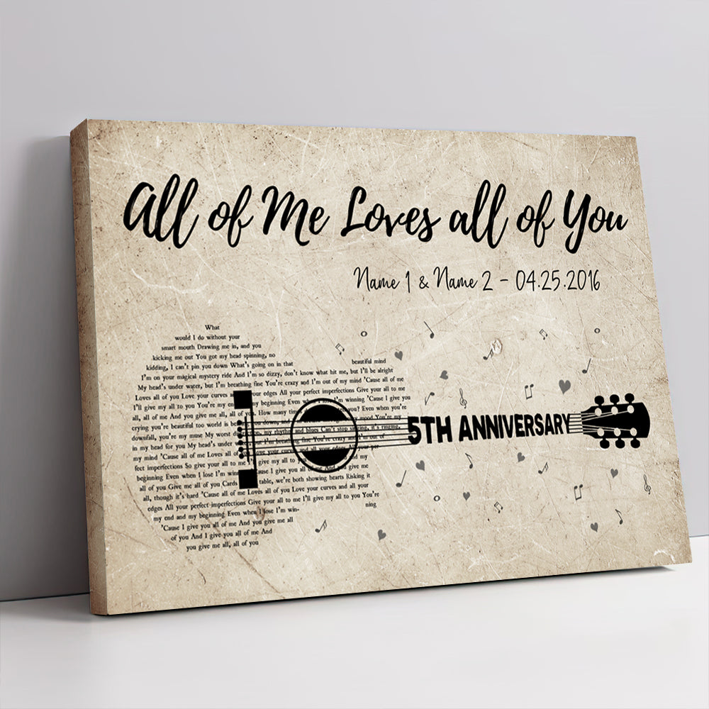 54404-Personalized Fifth Wedding Anniversary Gift For Wife, 5th Anniversary Gift For Him, 5 Years Married, Custom Wedding Song Lyric Guitar Canvas H0