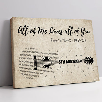 Personalized Fifth Wedding Anniversary Gift For Wife, 5th Anniversary Gift For Him, 5 Years Married, Custom Wedding Song Lyric Guitar Canvas