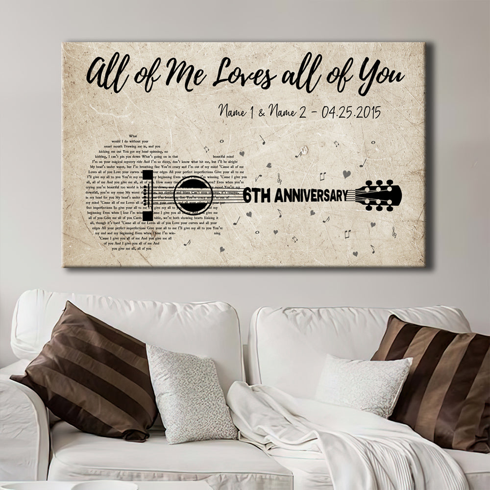 54396-Personalized Sixth Wedding Anniversary Gift For Wife, 6th Anniversary Gift For Him, 6 Years Married, Custom Wedding Song Lyric Guitar Canvas H0