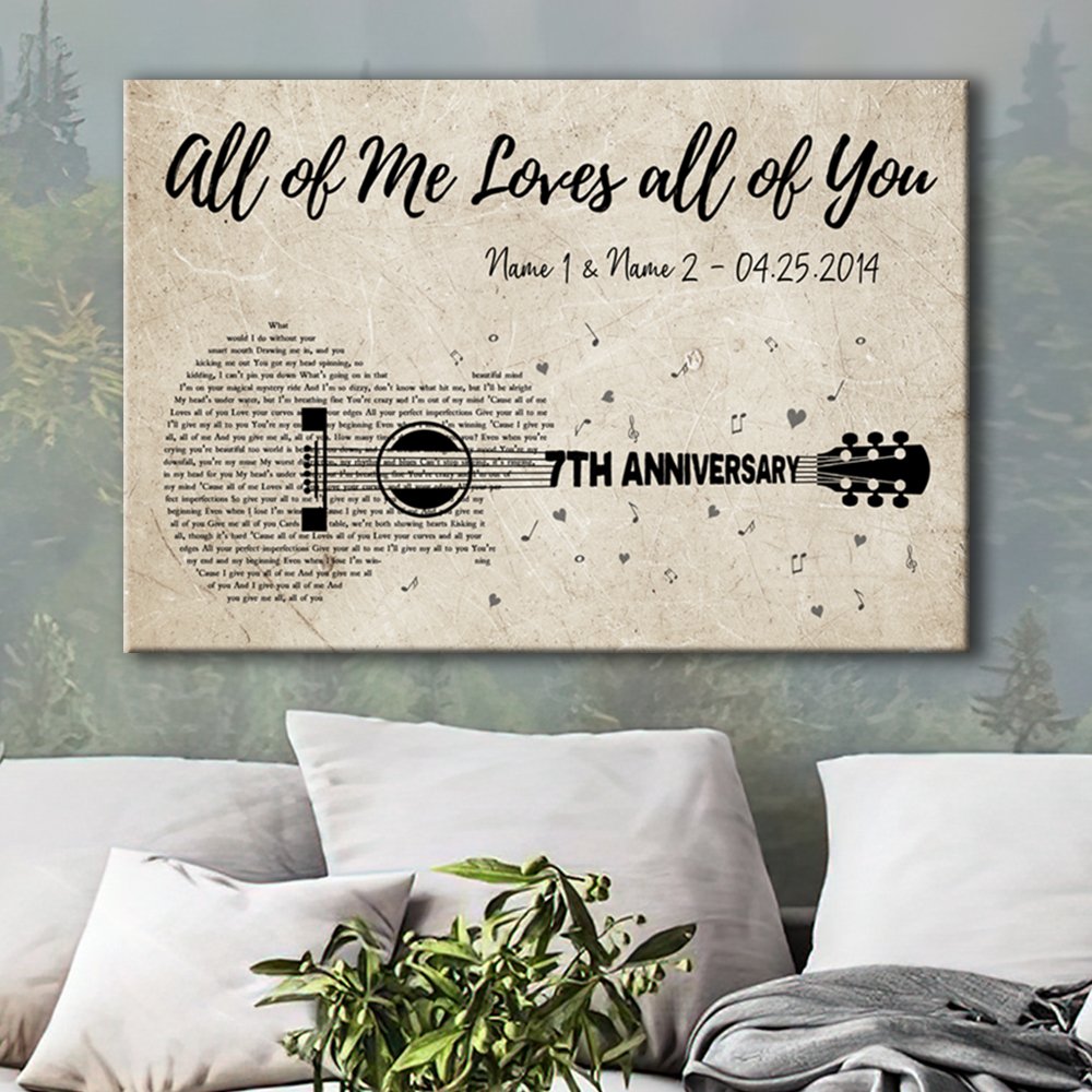 54401-Personalized Seventh Wedding Anniversary Gift For Wife, 7th Anniversary Gift For Him, 7 Years Married, Custom Wedding Song Lyric Guitar Canvas H0