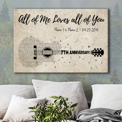 Personalized Seventh Wedding Anniversary Gift For Wife, 7th Anniversary Gift For Him, 7 Years Married, Custom Wedding Song Lyric Guitar Canvas
