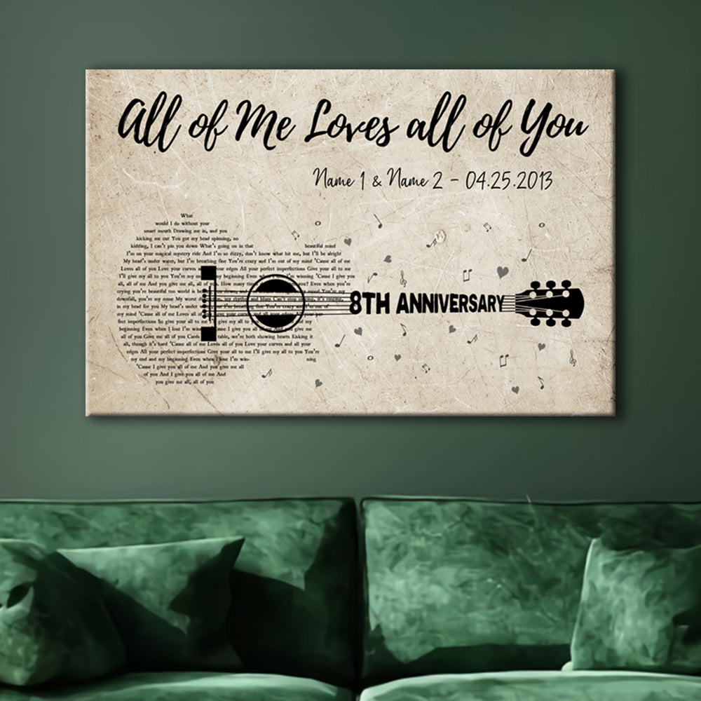 54408-Personalized Eighth Wedding Anniversary Gift For Wife, 8th Anniversary Gift For Him, 8 Years Married, Custom Wedding Song Lyric Guitar Canvas H0