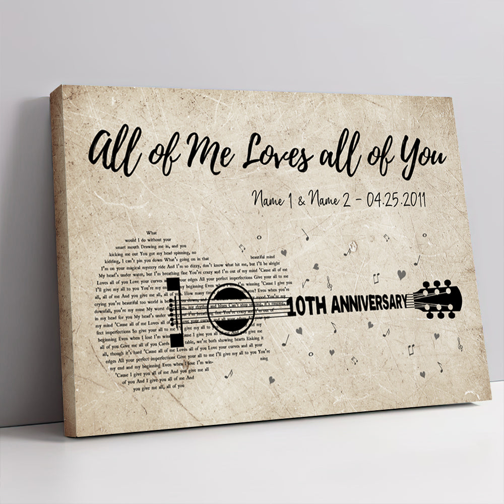 Personalized Tenth Wedding Anniversary Gift For Wife, 10th Anniversary Gift For Him, 10 Years Married, Custom Wedding Song Lyric Guitar Canvas