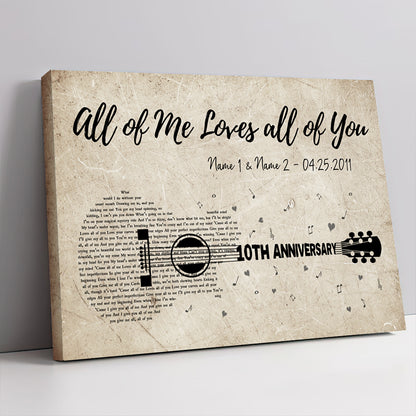 Personalized Tenth Wedding Anniversary Gift For Wife, 10th Anniversary Gift For Him, 10 Years Married, Custom Wedding Song Lyric Guitar Canvas