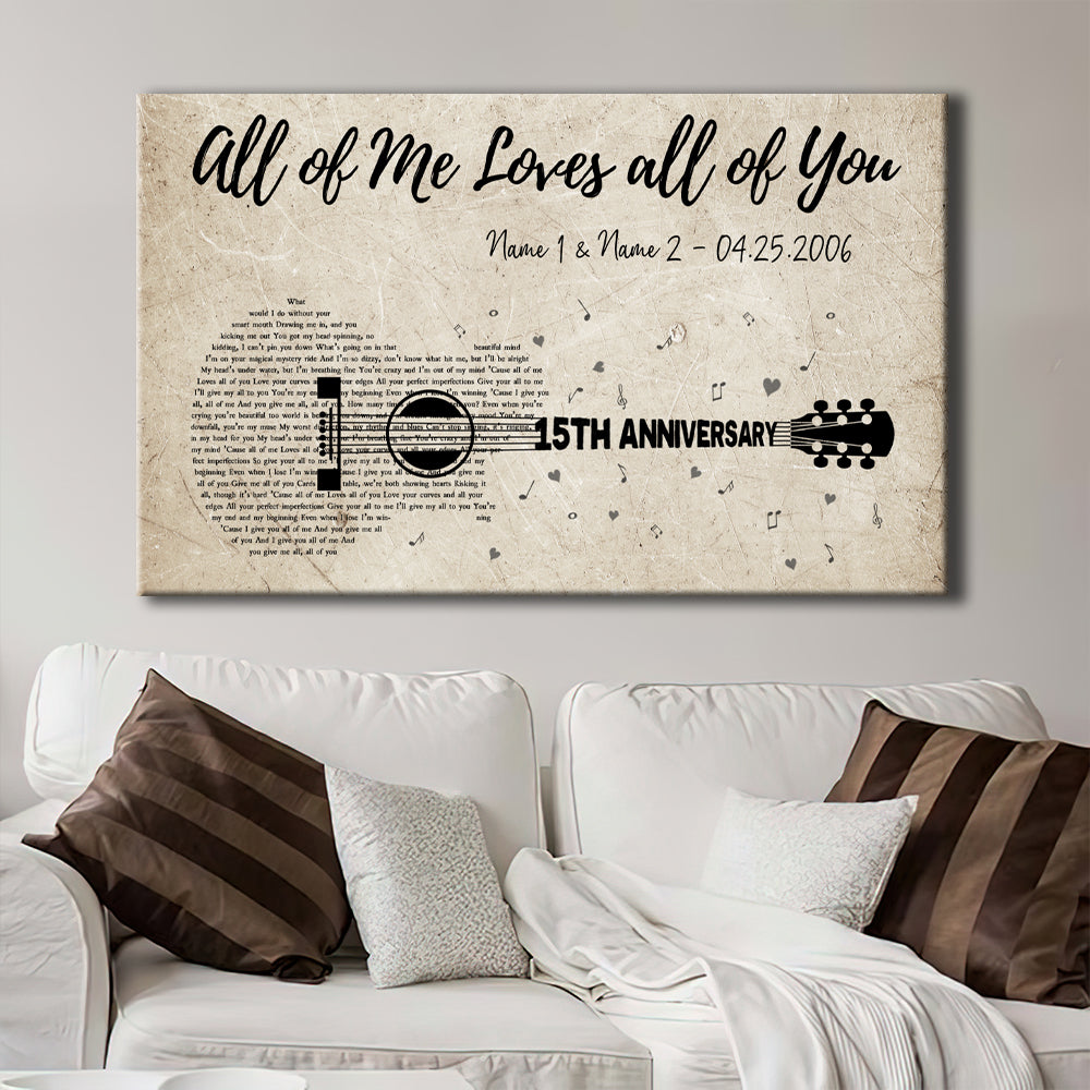 54518-Personalized Fifteenth Wedding Anniversary Gift For Wife, 15th Anniversary Gift For Him, 15 Years Married, Custom Wedding Song Lyric Guitar Canvas H0