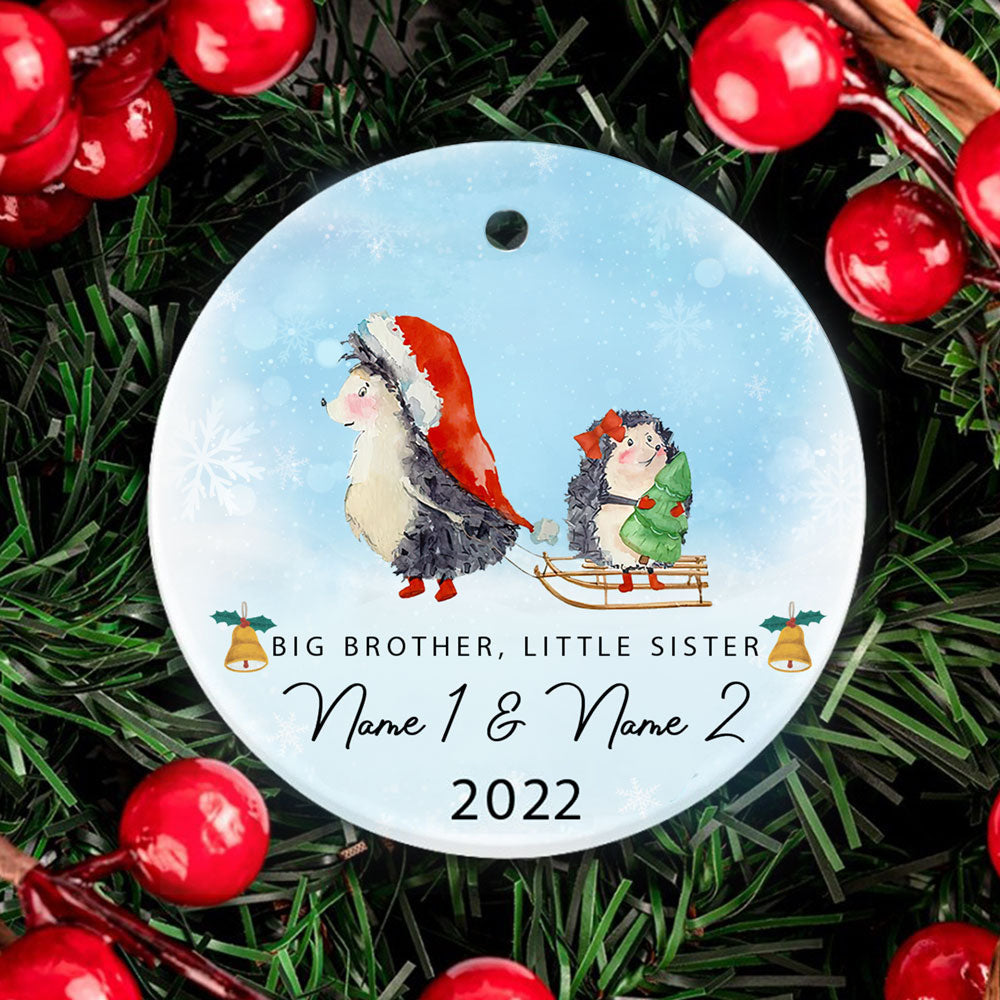 Personalized Big Brother, Little Sister Christmas Ornament, Sibling First Christmas Hedgehog Ornament