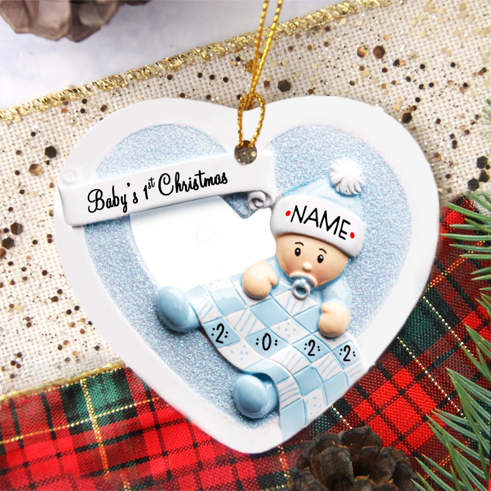 Personalized Baby's First Christmas Ornament, Blue Baby Boy Newborn Ornament