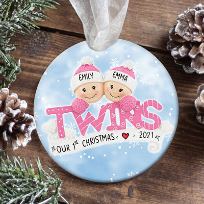 56824-Personalized Twin Baby's First Christmas Ornament, Pink Twin Girls Newborn Ornament H0