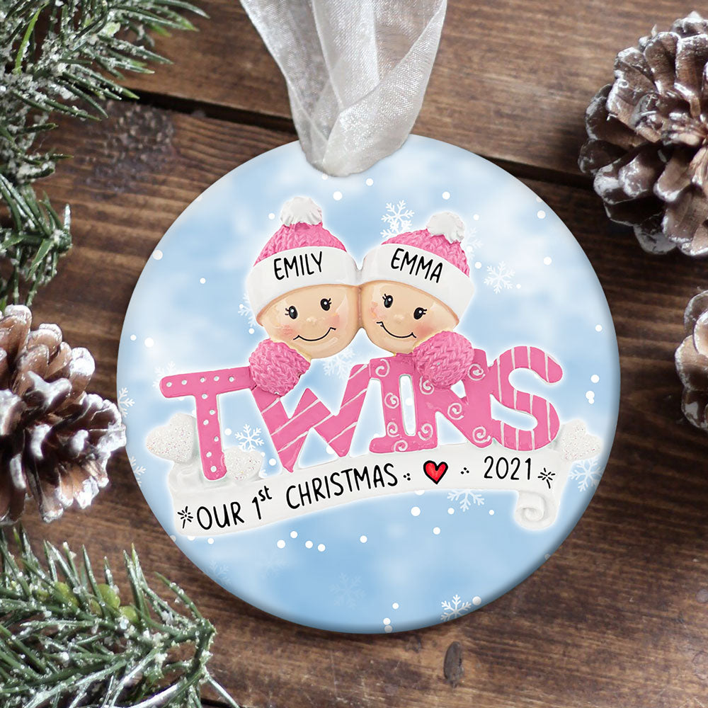 56820-Personalized Twin Baby's First Christmas Ornament, Pink Twin Girls Newborn Ornament H0