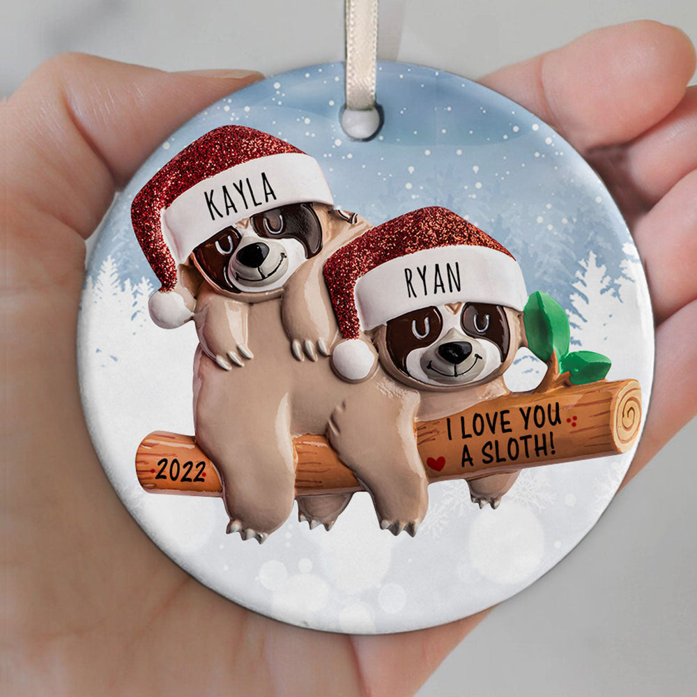 Personalized Sloth Couple Christmas Ornament, Family of 2 Ornament, I Love Sloth Ornament