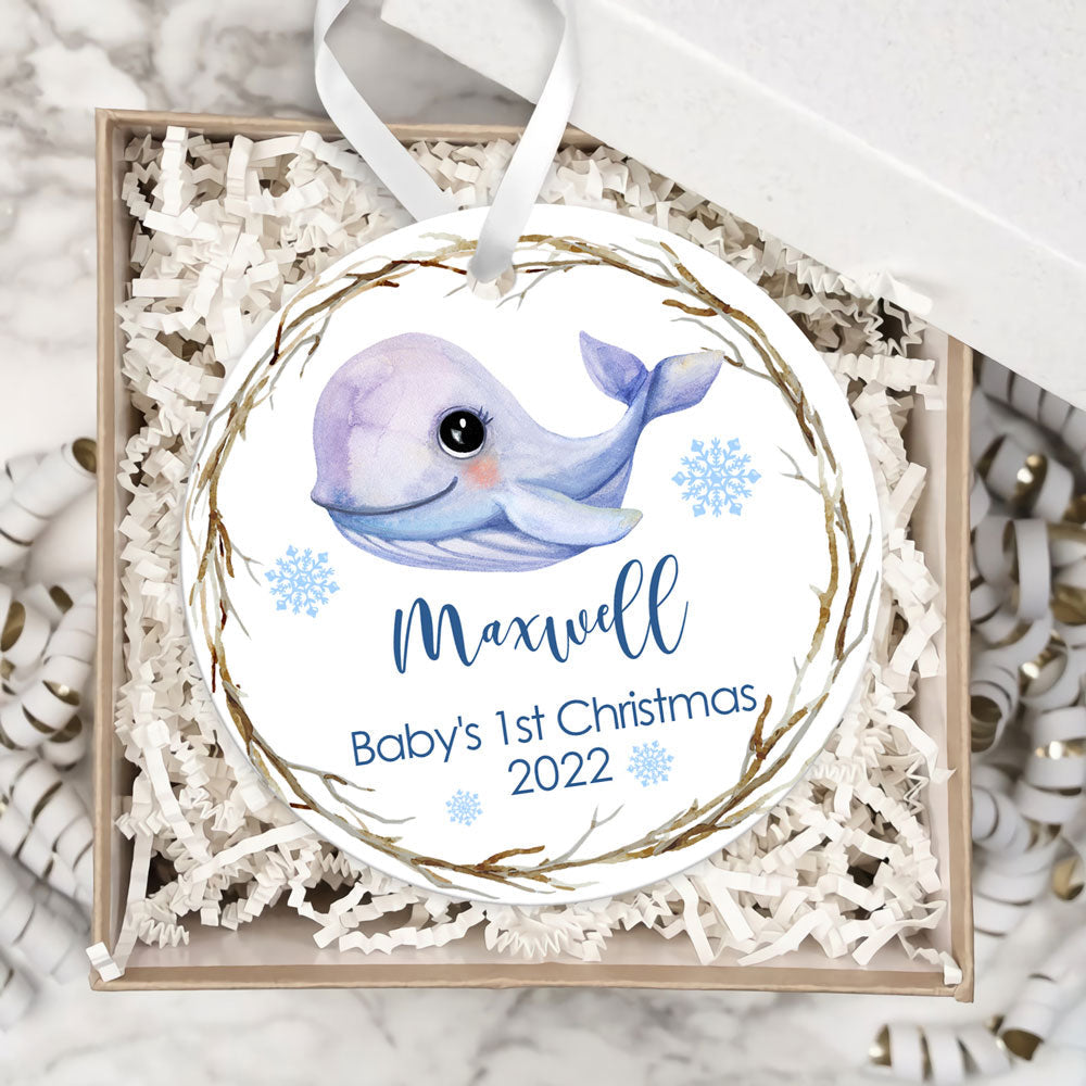 Personalized Boy Baby's First Christmas, Newborn Baby Whale Ornament