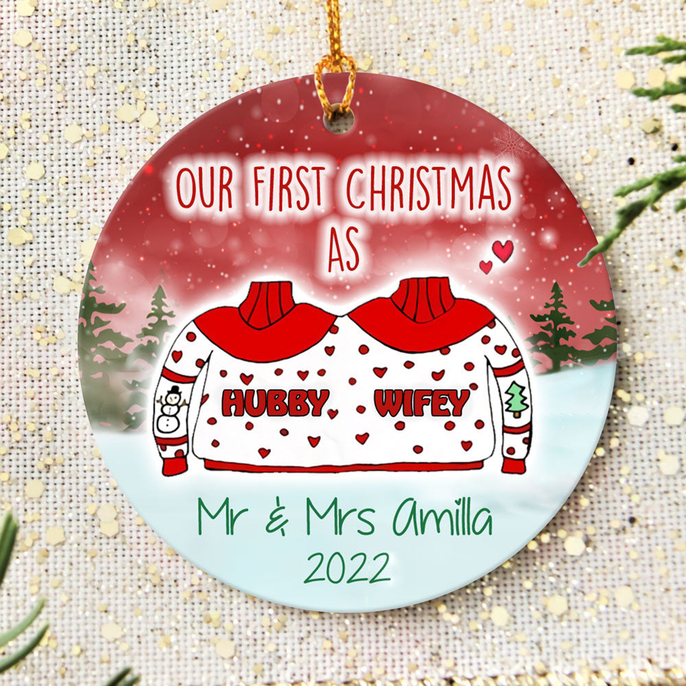 Personalized First Christmas Married Ornament, Hubby Wifey Mr And Mrs Christmas Ornament