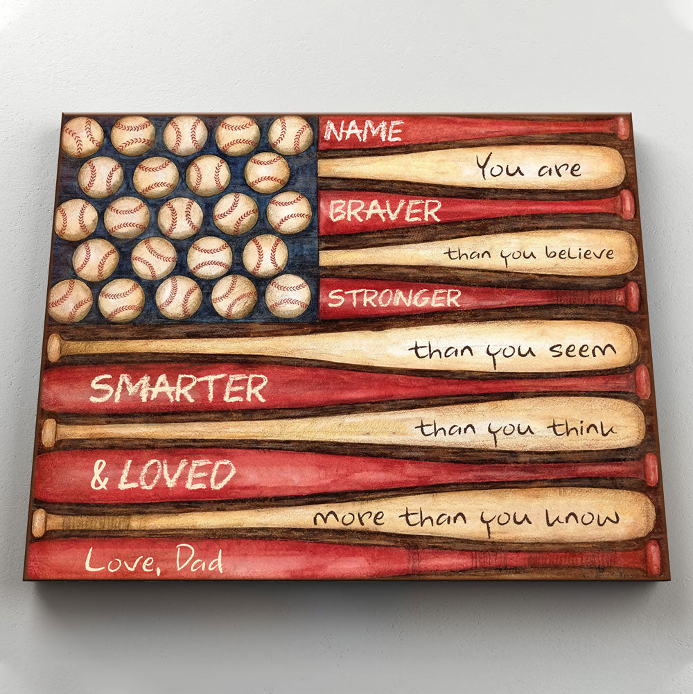 57208-Personalized Baseball Gift For Son From Dad, Baseball Son Gift, Braver Stronger Canvas H2