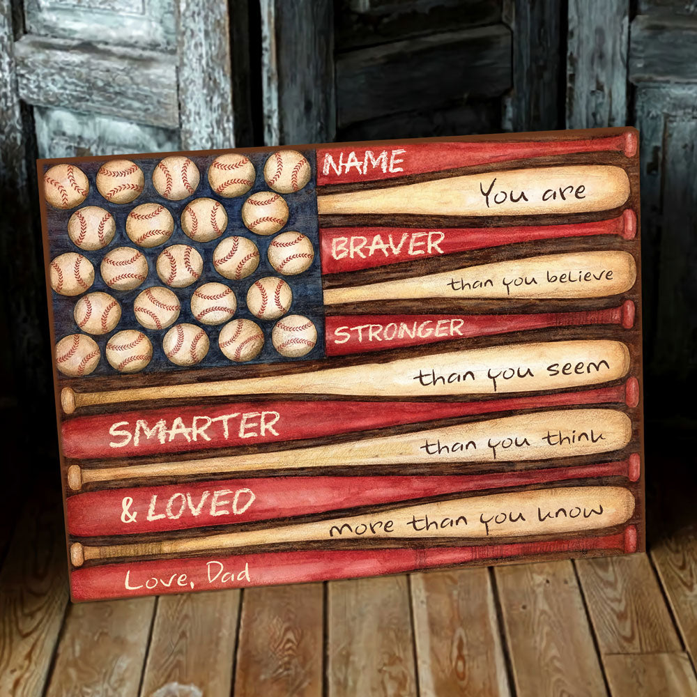 57202-Personalized Baseball Gift For Son From Dad, Baseball Son Gift, Braver Stronger Canvas H1