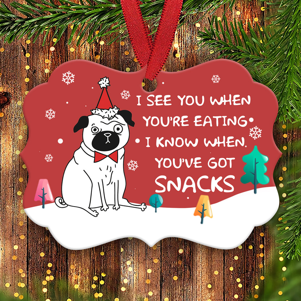 58220-Funny Pug Christmas Ornament, Santa Hat Pug, I Know When You've Got Snacks Ornament H0