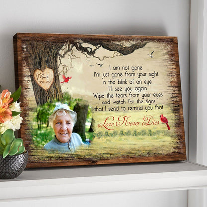 60844-Personalized Memorial Red Cardinal Keepsake, Love Never Dies, Remembrance Custom Photo Canvas H0