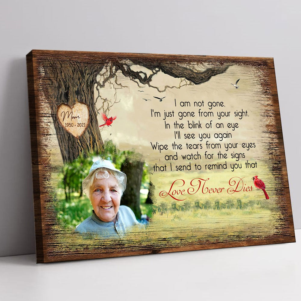 60850-Personalized Memorial Red Cardinal Keepsake, Love Never Dies, Remembrance Custom Photo Canvas H1