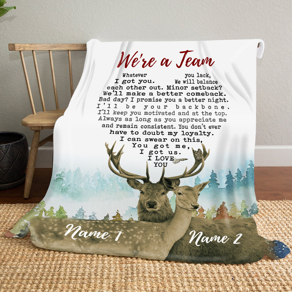 50760-Personalized Blanket Gift For Her, We're A Team Deer Couple, Gift For Wife Fleece Blanket H0