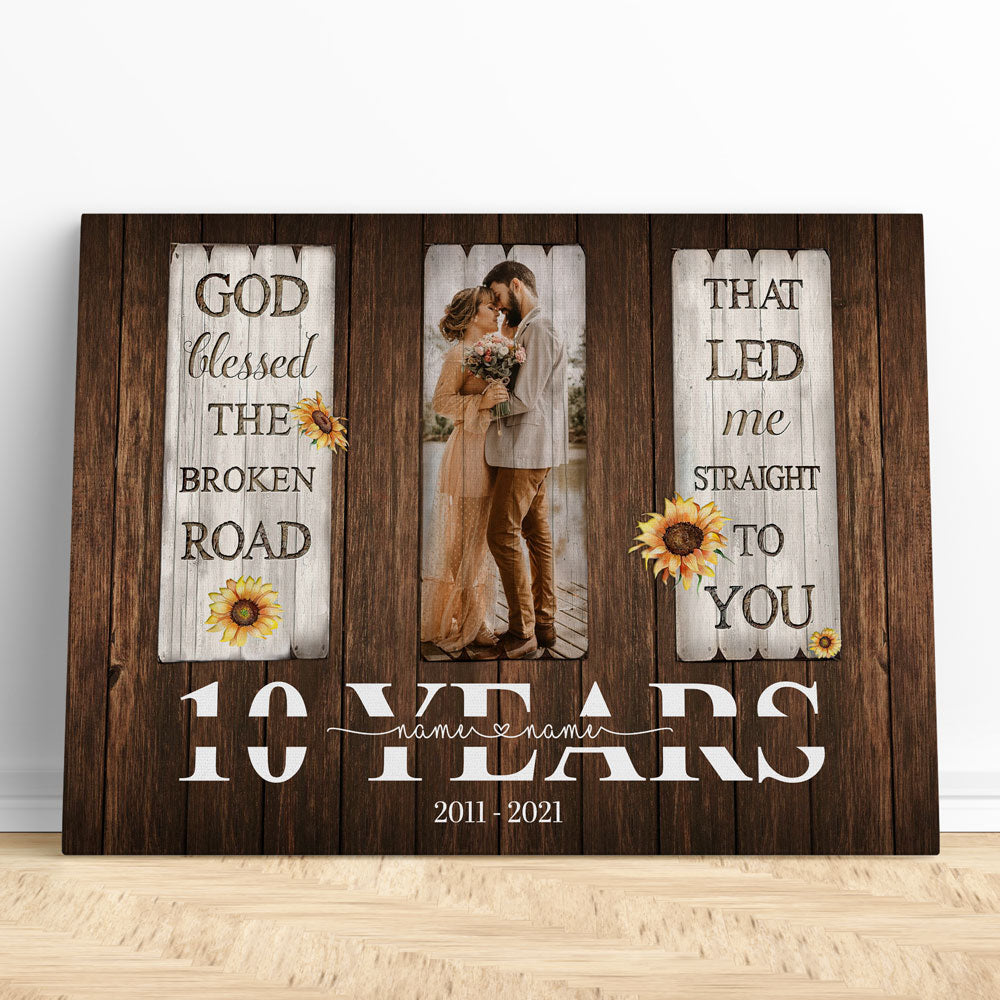 50452-Personalized 10 Year Anniversary Gift For Wife, 10th Anniversary Gift For Husband Custom Photo God Blessed The Broken Road Canvas H1