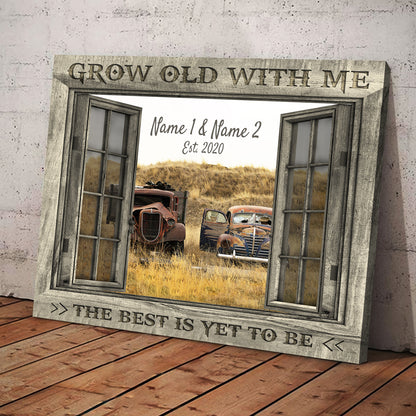 50523-Personalized Wedding Anniversary Gift For Wife, Anniversary Gift For Husband Custom Photo Old Truck Grow Old With Me Canvas H0