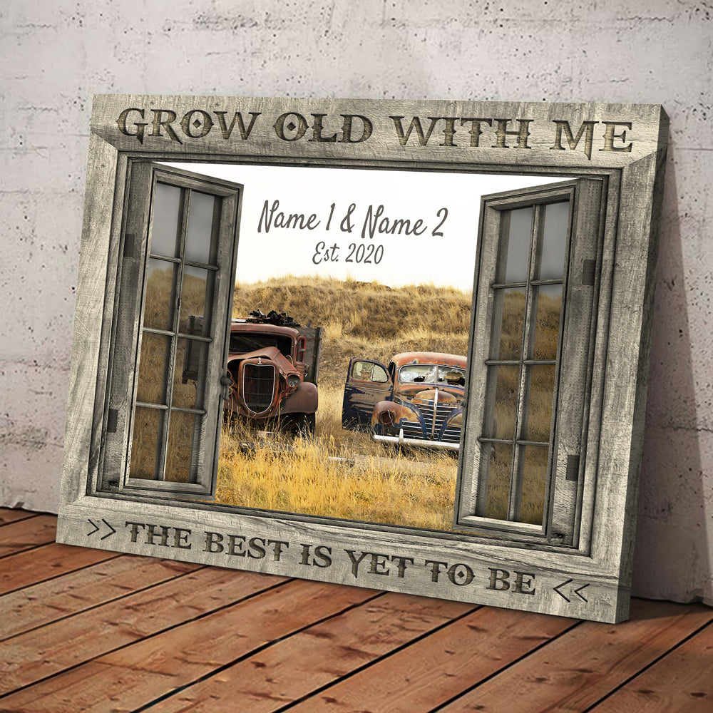 50522-Personalized Wedding Anniversary Gift For Wife, Anniversary Gift For Husband Custom Photo Old Truck Grow Old With Me Canvas H0