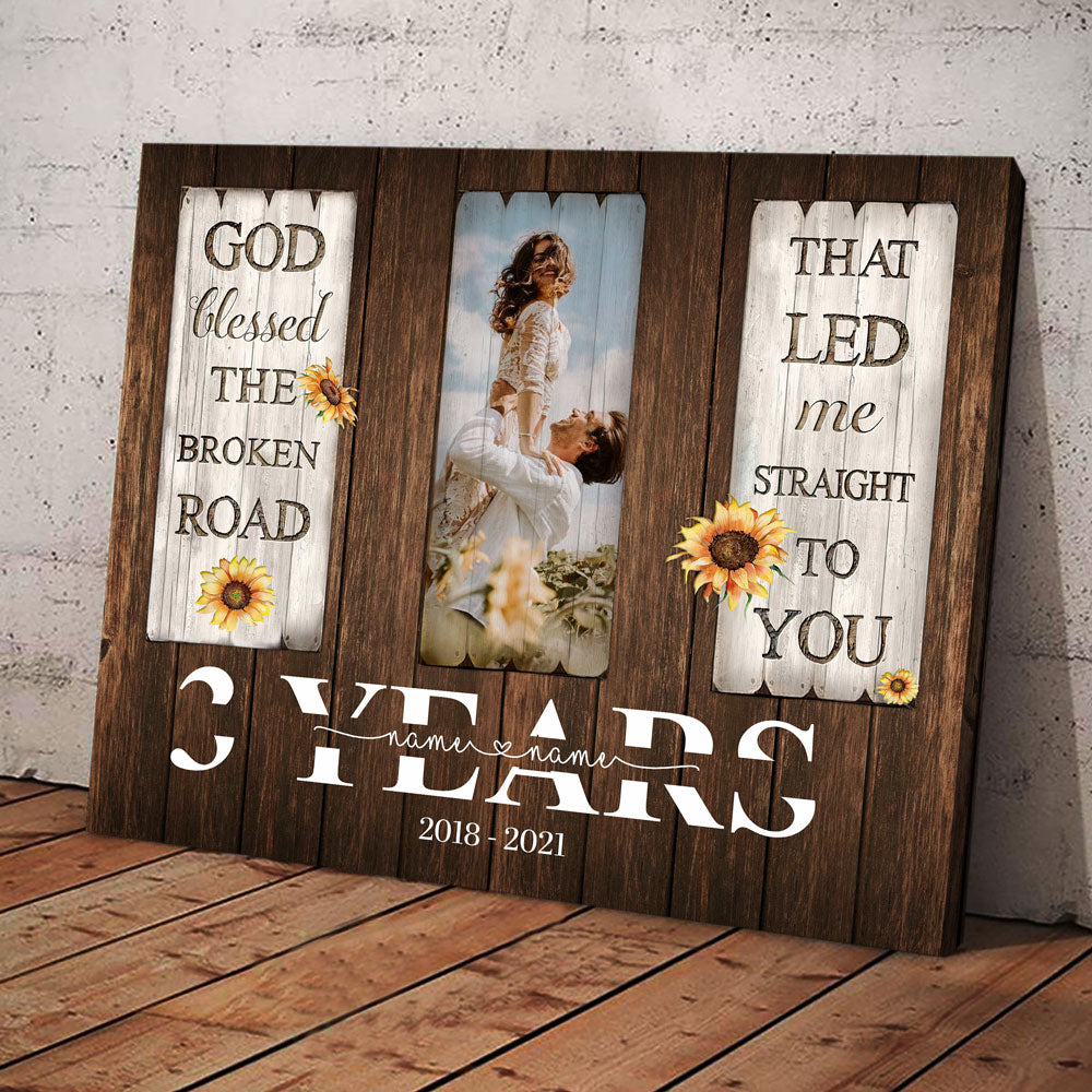 50559-Personalized 3 Year Anniversary Gift For Her Custom Photo, Leather 3rd Anniversary Gift For Him, God Blessed The Broken Road Canvas H0