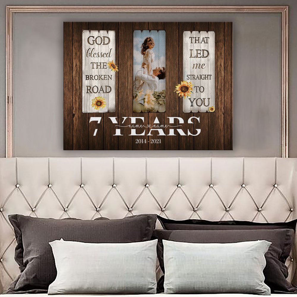 50556-Personalized 7 Year Anniversary Gift For Her Custom Photo, 7th Anniversary Gift For Him, God Blessed The Broken Road Canvas H1