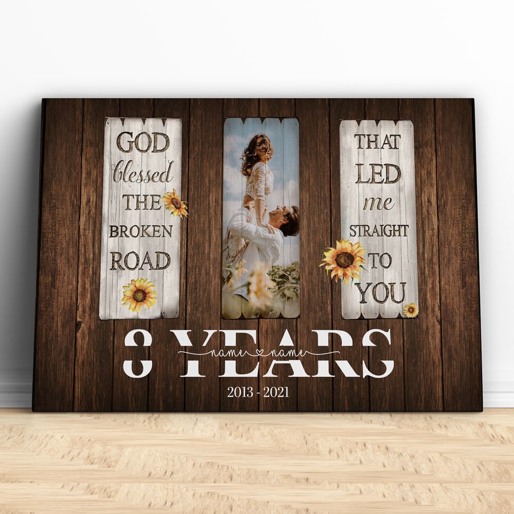 50574-Personalized 8 Year Anniversary Gift For Her Custom Photo, 8th Anniversary Gift For Him, God Blessed The Broken Road Canvas H1