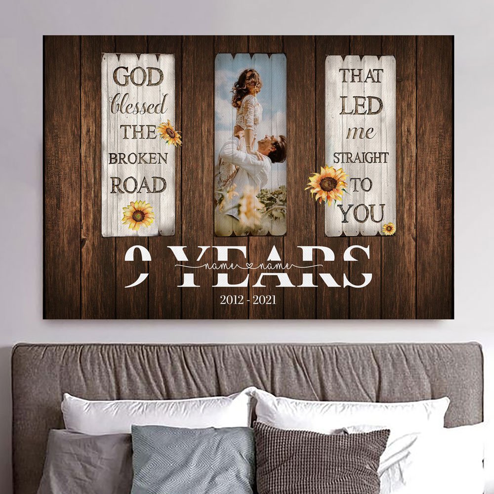 50566-Personalized 9 Year Anniversary Gift For Her Custom Photo, 9th Anniversary Gift For Him, God Blessed The Broken Road Canvas H0