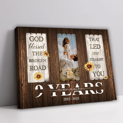 50570-Personalized 9 Year Anniversary Gift For Her Custom Photo, 9th Anniversary Gift For Him, God Blessed The Broken Road Canvas H1