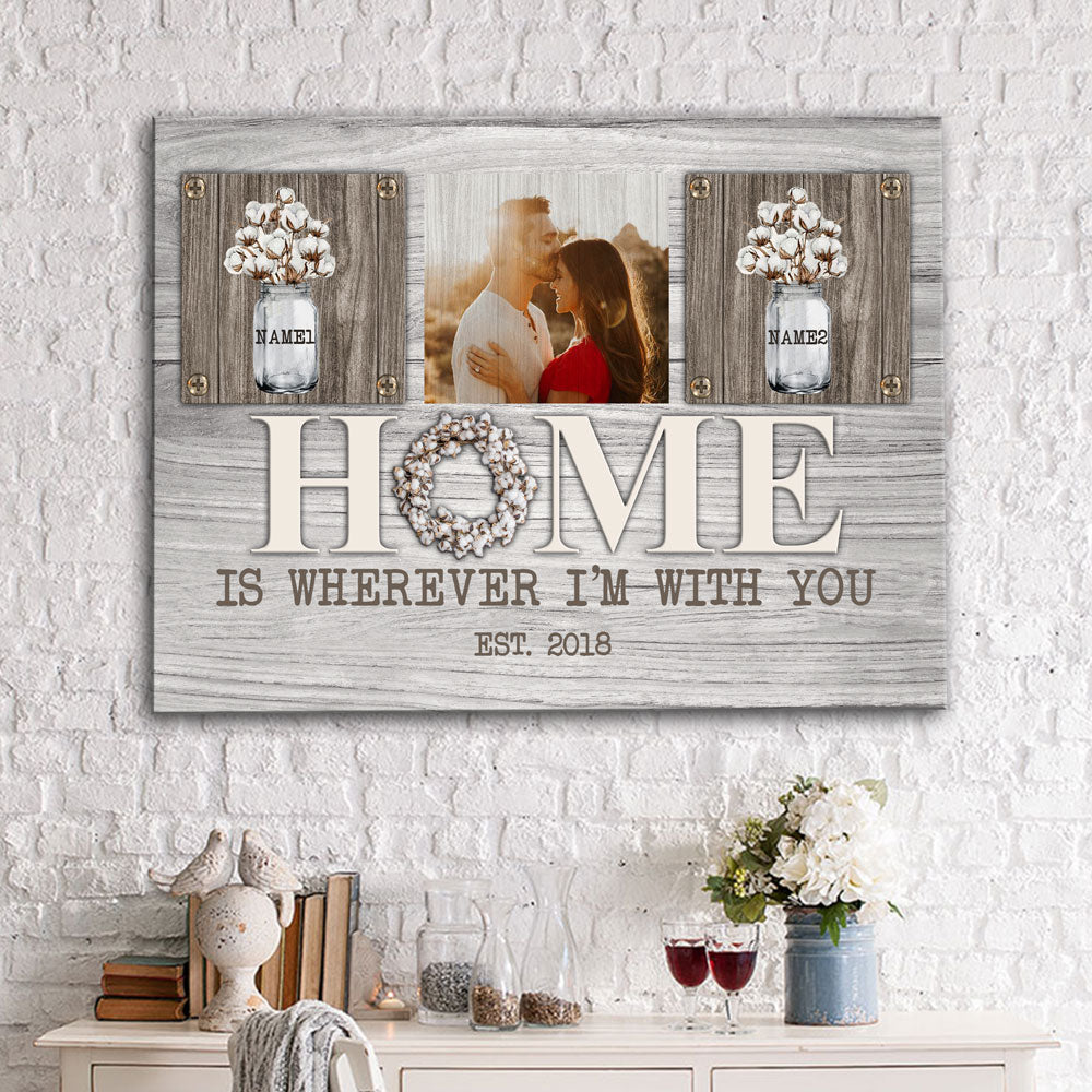 50860-Personalized Anniversary Gift For Her, Gift For Husband Wall Art Home Is Wherever I'm With You Farmhouse Canvas H1