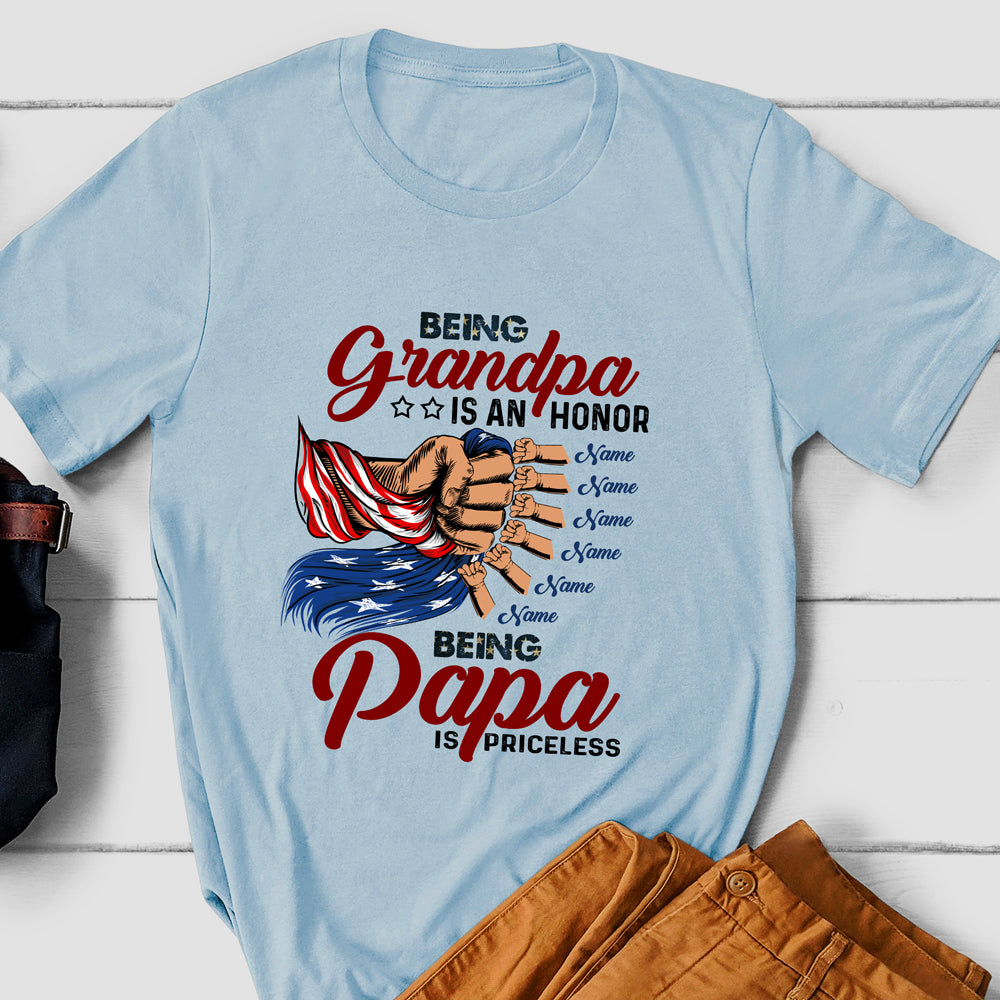 74527-Father's Day Being Papa US Flag Hands Of Kids Personalized Shirt H2