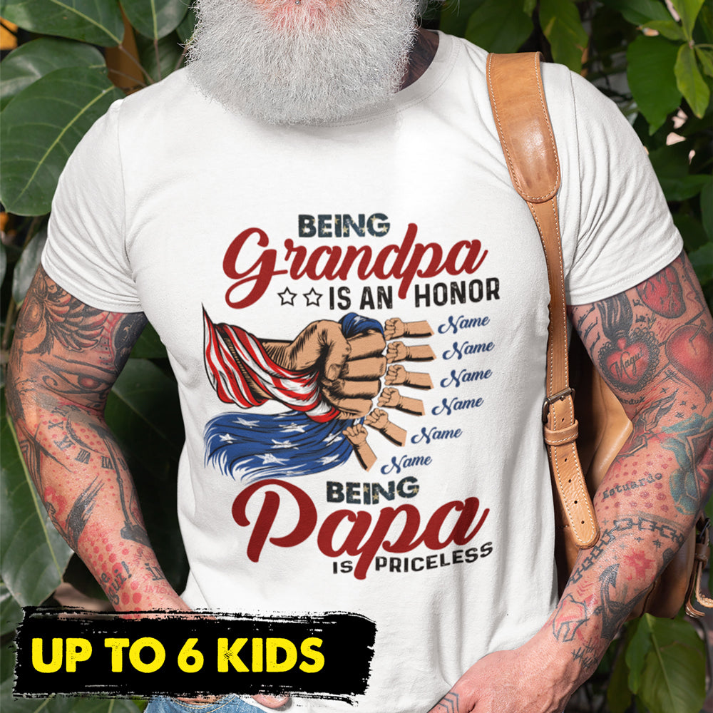 74535-Father's Day Being Papa US Flag Hands Of Kids Personalized Shirt H5
