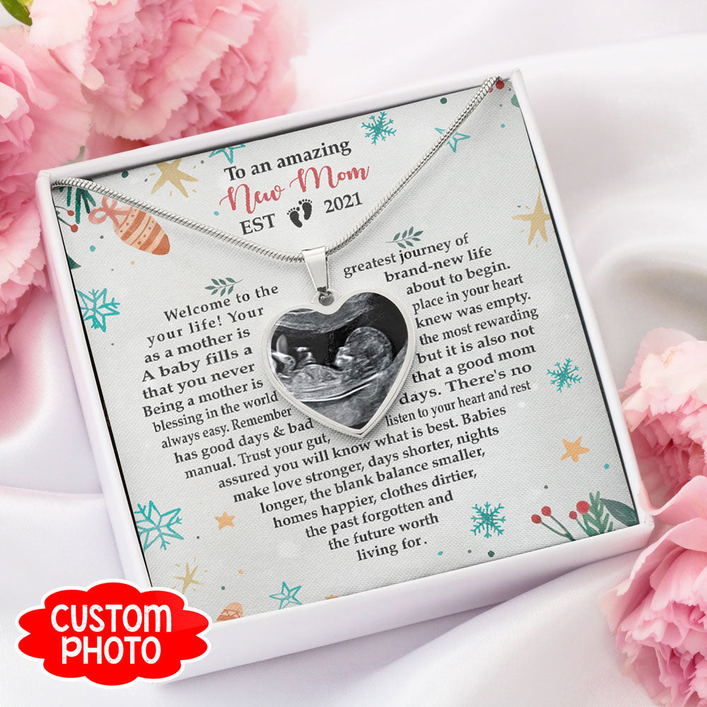 51563-Personalized Gift For New Mom Bump First Time Mom Message Card Heart Necklace H0
