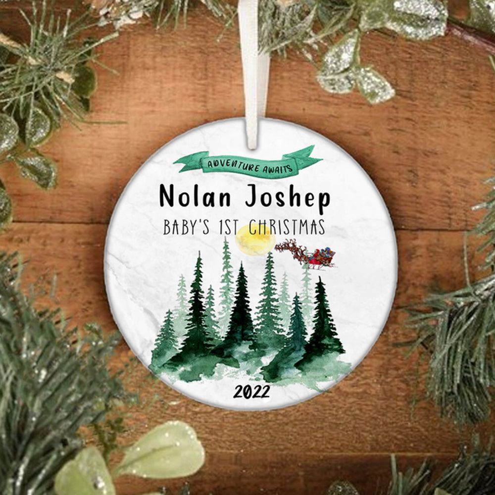 Personalized Adventure Awaits Baby's 1st Christmas Circle Ornament
